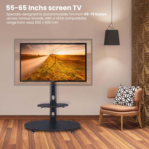 Image of Wooden /Metal Mobile TV Stand on Wheels Height Adjustable Floor TV Stand Holds Upto to 65 inch LED /Smart TV, BlackTV Stand TV Unit /Mount -Oval