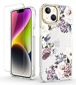 BAISRKE Compatible with iPhone 14 Plus Case, Cute Clear Floral Design for Girly Women Shockproof Case with Screen Protector Full Body Protective Cover for iPhone 14 Plus 6.7 inch 2022 - Purple