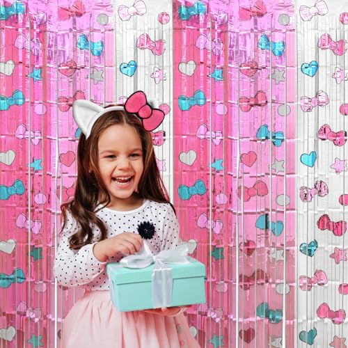 Cortinas de flecos de papel de aluminio de gatos Kawaii de 3.2 x 6.5 pies para fiestas de cumpleaños 7