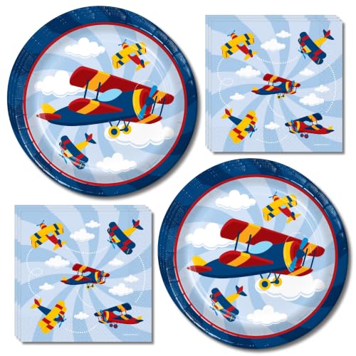 Fournitures fête avion - Assiettes et serviettes papier (16 personnes)