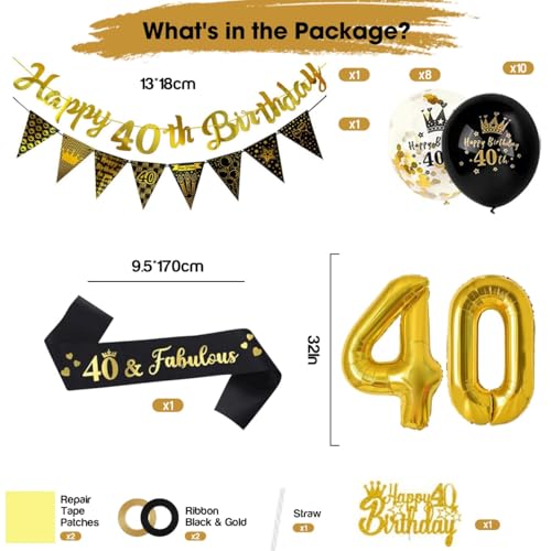 40Th Birthday Decorations For Women & Men – Black And Gold Party Supplies With Happy Birthday Banner, 32 Inch Gold Number Balloons, Confetti Balloons, Sash, Cake Topper & Triangle Bunting - 2