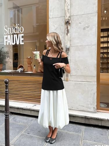 Image of Bliwov Womens Cold Shoulder Tops Short Sleeve Cute Sexy Summer Spring Beach Vacation T Shirts Fashion Outfits Basic Clothes