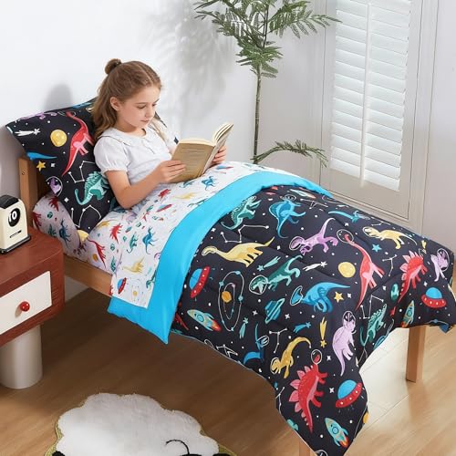 Image of lasoftan Toddler Bedding Set, Toddler Bed Comforter Sets for Girls, Toddler Bed Set, Space Dinosaur Printed