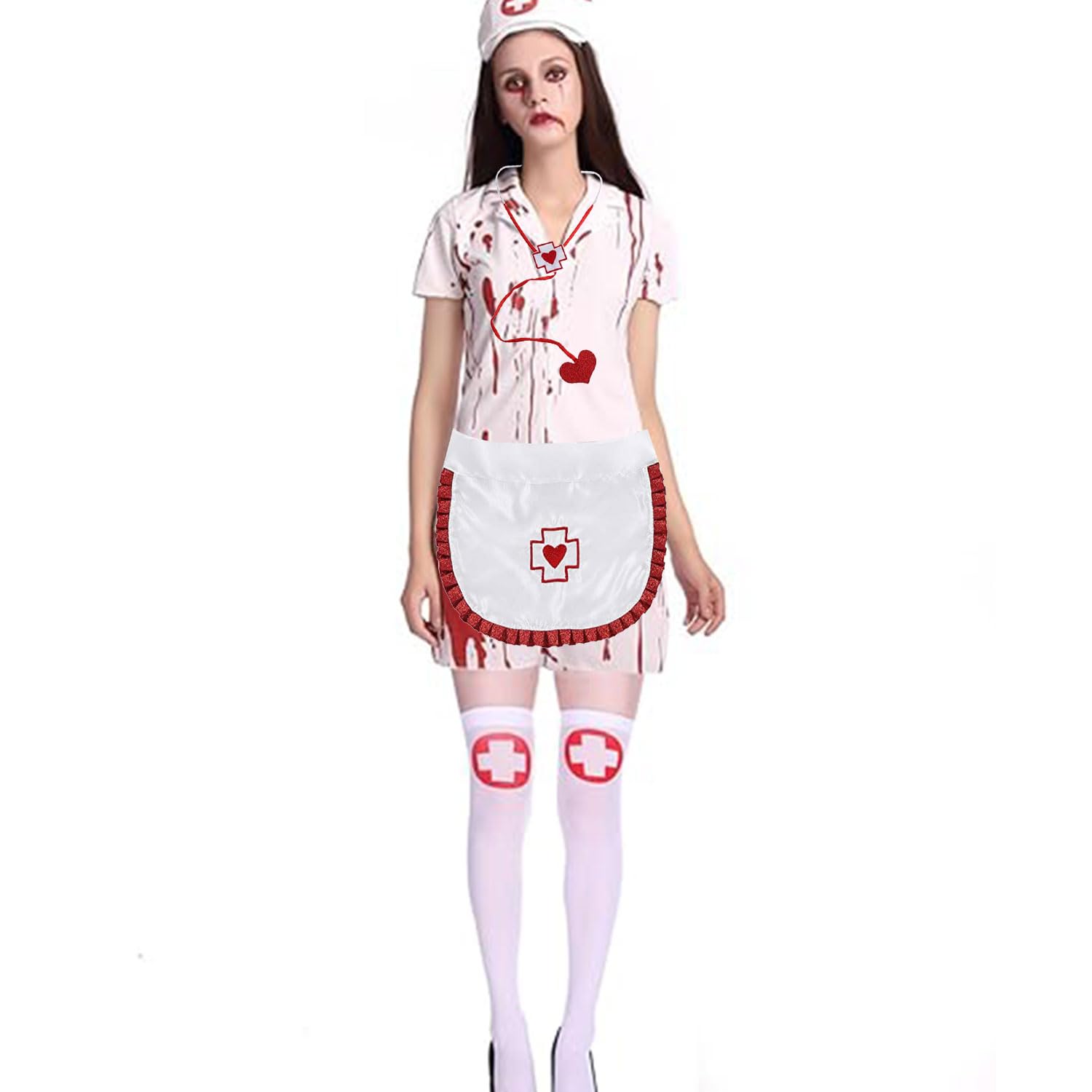 HAICN 4Pieces Halloween Nurse Costume Set Nurse Headband Apron Stethoscope with Stockings Fashion Naughty Nurses Role Play Costume Outfit for Women Halloween Accessory Valentines - Image 4