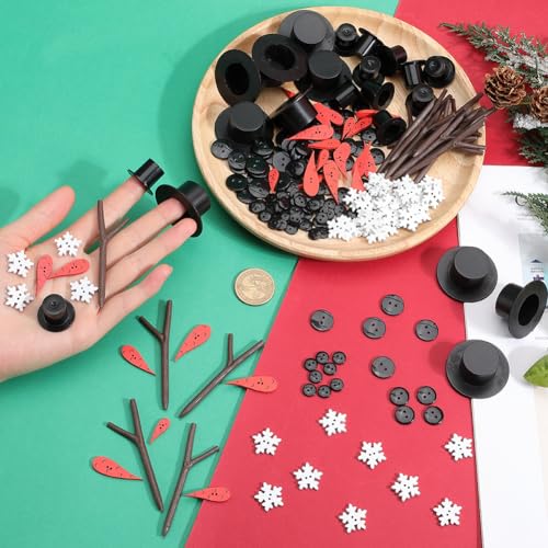 GORGECRAFT 510PCS Christmas Snowman DIY Craft Kit Mini Wood Carrot Noses Plastic Black Top Hats Tiny Snowflake Buttons Antler Hands Build for Winter Xmas DIY Crafting Sewing Party Holiday Supplies - Image 3