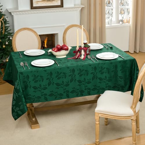 Softalker Christmas Jacquard Tablecloth - Waterproof Winter Vintage Damask Rectangle Table Cloth, Xmas Holly Polyester Fabric Table Cover Decor for Holiday, Dining, Party - Green 60 x 84 Inch – Image 2
