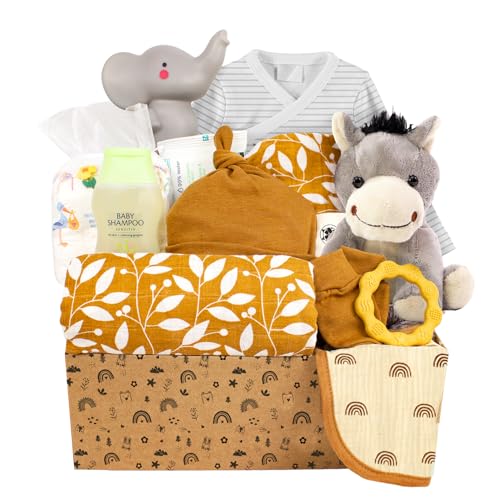 PEKELS Canastilla para Bebé Recién Nacido – Cesta Unisex con Manta de Muselina, Ropa, Peluche y Accesorios – Regalo Ideal para Baby Shower, Nacimiento y nuevas Mamás