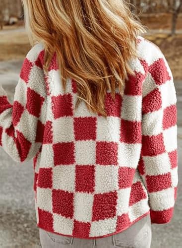 CHARTOU Women's Fall Checkered Sherpa Fleece Jacket Tweed Cropped Snap Button Plaid Coat Loose Faux Fur Tops2