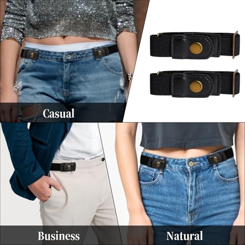 2pcs Invisible Side Belt No Buckle Belt Women and Men,Without Buckle Elastic Stretch Mens Adjustable Belt for Pants Jeans(black)4