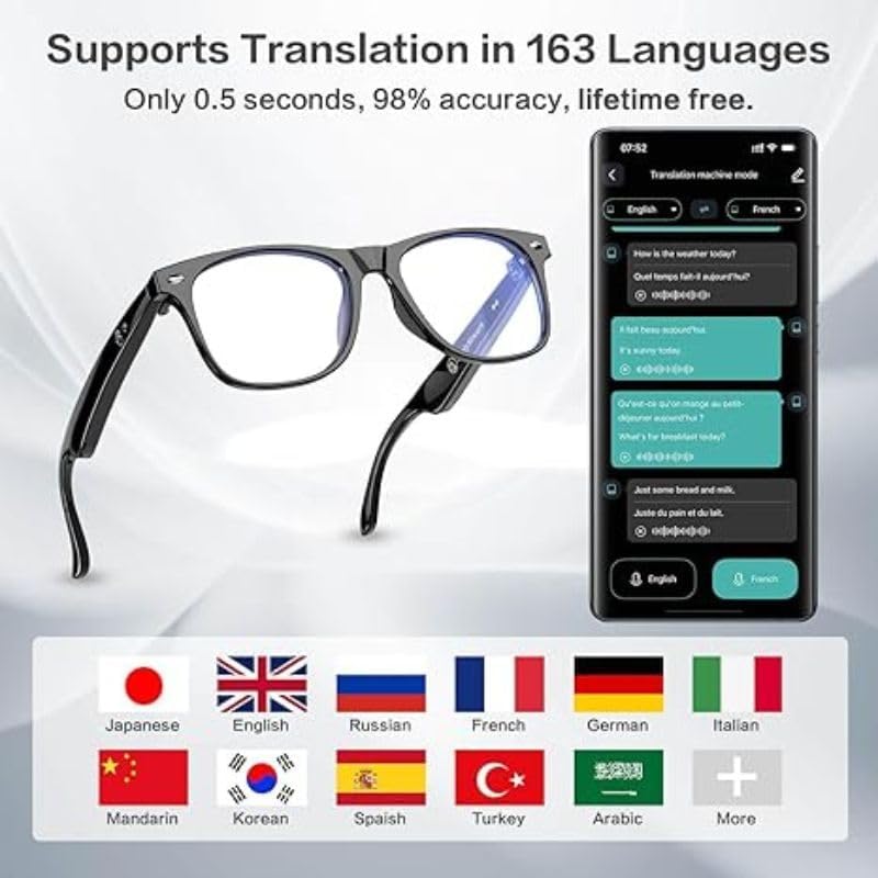 Vital Smart Glasses for Men & Women, Real-Time Translation & Voice Assistant, 140+ Languages, Hands-Free Calls & Music,Ultra-Light 25g Design, Voice Assistant