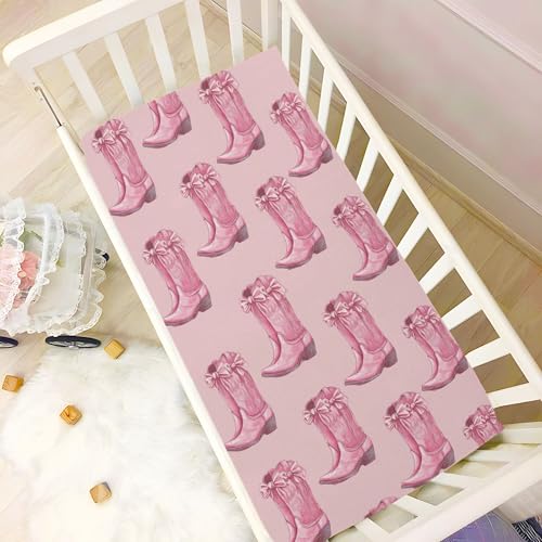 Image of Western Cowgirls Boots Pinks Crib Sheets Soft Breathable Fitted Baby Crib Sheets Mattress Cover for Girls Boys, 52 inch x 28 inch x 9 inch