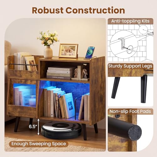 Image of Giantex Large Record Player Stand with LED Light, Mid Century Modern Turntable Stand w /Sliding Door, Charging Station & Plastic Leg, Record Player Table, Vinyl Record Storage for Living Room (Rustic Brown)