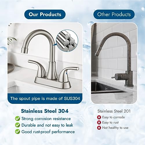 Cinwiny Brushed Nickel Centerset 4 Inch Bathroom Sink Faucet 2 Handle 360° Swivel Spout Deck Mount Lavatory Bathroom Faucet Mixer Tap With Pop Up Drain Water Supply Hoses #TOP5