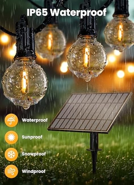 Brightown 108FT Solar String Lights Outdoor with Remote and 52 LED Shatterproof Bulbs, Dimmable & Timable, 3 Light Modes, Solar Patio String Lights Outdoor for Cafe, Garden, Deck, Outside Wedding