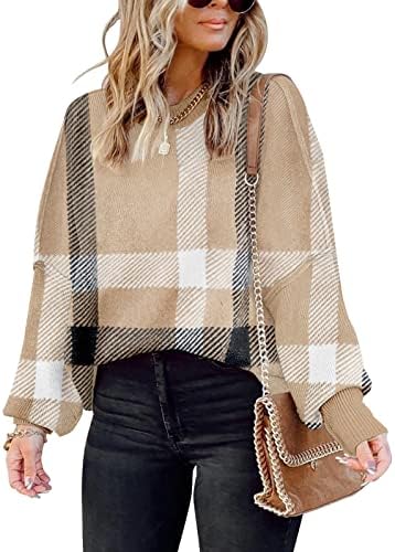 Womens Sweaters Causal Crewneck Batwing Sleeve Knit Top Side Split Oversized Pullover Plaid Sweater Loose Jumper