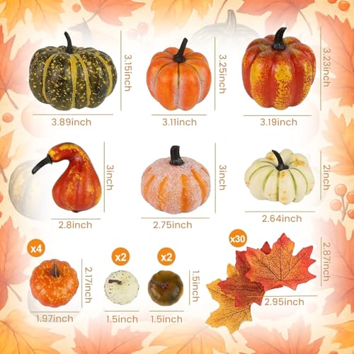 HAKACC 14 PCS Artificial Lifelike Simulation Mixed Pumpkins for Decorating, Fake Pumpkins with 30PCS Fake Maple Leaves Festival Thanksgiving Fall Harvest Home Decoration