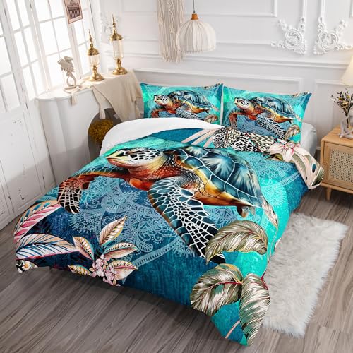 Image of AILONEN Beautiful Sea Turtle Comforter Set Full Size, Ocean Theme Bedding Set for Kids Girls,Aquamarine Blue Duvet Set for All Season,(1 Comforter 2 Pillowcases 3 Piece)