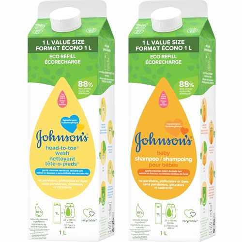 Johnsons Baby Head-To-Toe Body Wash and Shampoo Refill Duo Tear-Free & Hypoallergenic Baby Body Wash & Shampoo for Newborns Sensitive Skin & Hair Value Size Refill Bottles 33.8 fl. oz