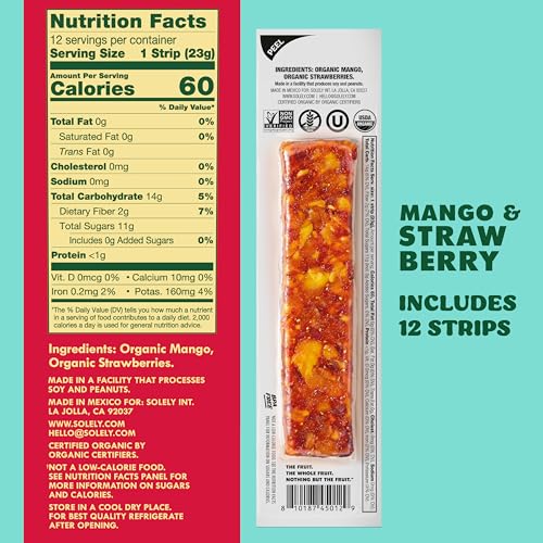 Image of SOLELY - Organic Mango Strawberry Fruit Jerky - 12 Individually Wrapped Fruit Strips - Fruit Leather - Healthy Snacks for Adults & Kids - Non GMO, Vegan Snacks - 0.8oz (23g)