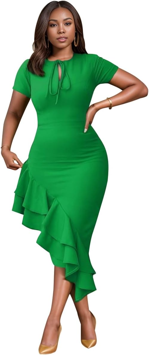 WUSENST Women Bodycon Short Sleeve Ruffle Irregularly Hem Dress Party Work Church Dress for Women