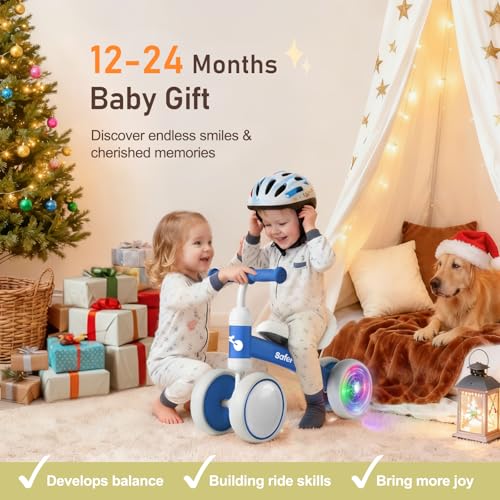 Image of Colorful Lighting Baby Balance Bike Toys for 1 Year Old Boys Gifts, Balance Bike 1 Year Old No Pedal, 12-24 Months Toddler Ride on Toys with 4 Silent Wheels & Soft Seat, 1st Birthday Gifts, Blue