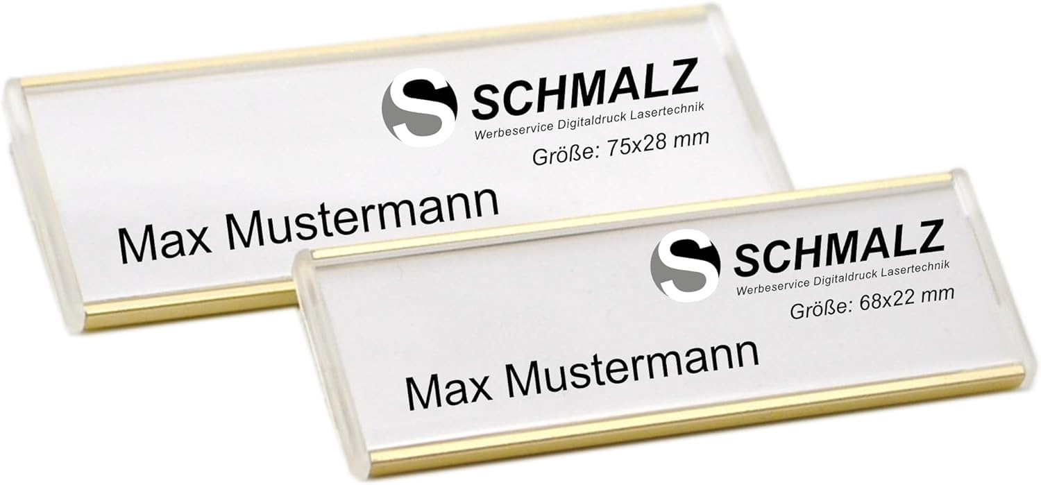 Schmalz® 10 targhette per nome in alluminio anodizzato, in metallo, con ago di fissaggio, nome badge, targhetta per abbigliamento, auto-scrivibile, fai da te (oro, 75 x 28 mm)