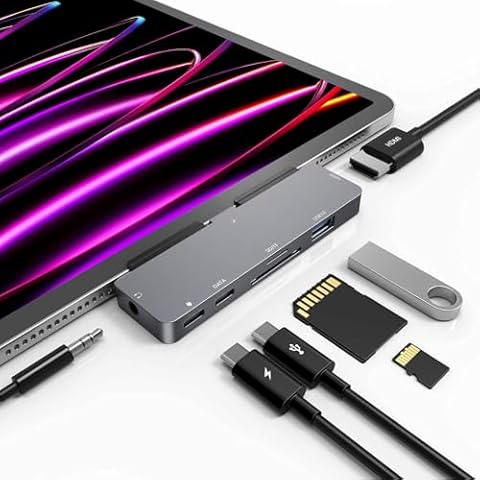 USB C HUB for iPad Pro M4/M2/M1 13/11/12.9,iPad Air 5,7 in 1 iPad Pro Adapter with 4K 60Hz HDMI,3.5mm Headphone Jack,USB3.0,USB C PD Charging&Data,USB C Earphone Jack,SD/Micro SD Card Reader Cover