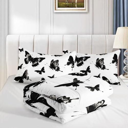 Image of AILONEN Queen Monochrome Butterfly Comforter Set, Black White Ink Wash Bedding, Minimalist Nature Decor, Lightweight Cozy Microfiber Luxury Guest Master Bedroom