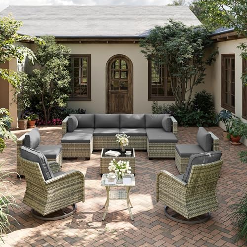 Image of Outdoor PE Wicker Rattan Modular Patio Sectional Sofa Set | 12-Piece: 6 Modular Seats, Coffee Table, 2 Swivel Rocking Chairs, Side Table & 2 Ottomans, Grey