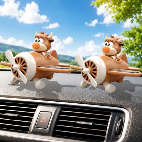 2Pcs Solar-Powered Car Air Fresheners, Cute Pilot Dashboard Perfume Diffuser with Spinning Propeller, Car Dashboard Accessory with 4 Fragrance Tablets (Cow+Cow)