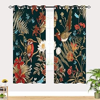 YUANZU Bird Curtains, Tropical Forest Jungle Plant Flower Tree Leaves 3D Print Patterned Eyelet Thermal Insulated Room Darkening Blackout Window Drapes for Bedroom Living Room 2 Panels W117cm x D183cm