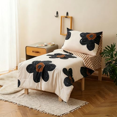 Image of Wellboo Floral Toddler Bedding Sets for Girls Boys White and Black Botanical 4 Pieces Soft Crib Bed Set Including Comforter, Sheets and Pillowcase Kids Black Sunflower Quilt Watercolor Bohemian Bed