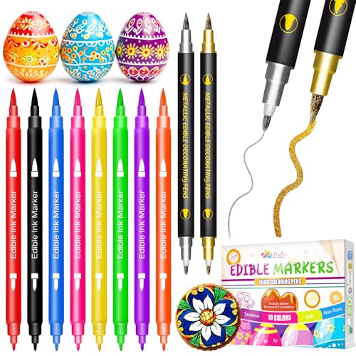 Lebensmittelfarbe Stifte - 10 Stücke Lebensmittelstift mit feiner & dicker Spitze Lebensmittelfarbe zum Bemalen von Kuchen Keksen Fondant Zuckerguss Ostereiern Lebensmittelechte Gourmet-Stifte