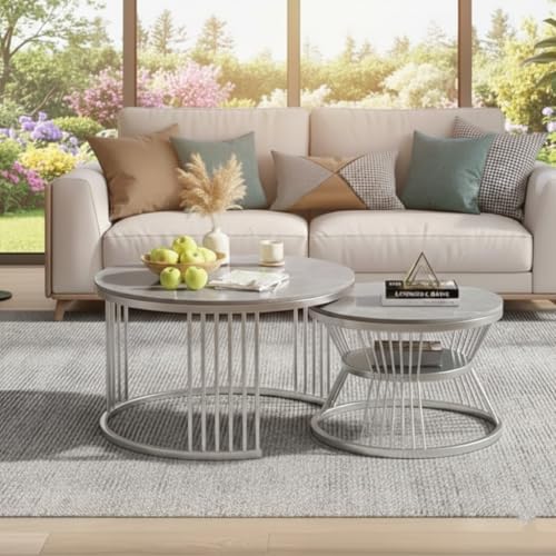 Image of Modern Round Nesting Coffee Table Set of 2 with Marble Finish Top & Metal Frame | Space Saving Nesting Center Table for Living Room, Bedroom, Office Lounge | Contemporary Circular Coffee Table Set