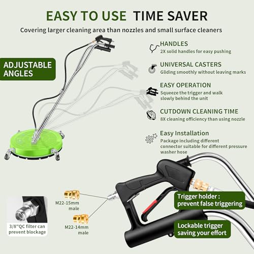 24“ Pressure Washer Surface Cleaner with 4 Wheels - Coated Green Dual Handle Stainless Steel Surface Cleaner for Pressure Washer Attachment for Concrete, Patio, Sidewalk, Deck and Driveways - PWS24G