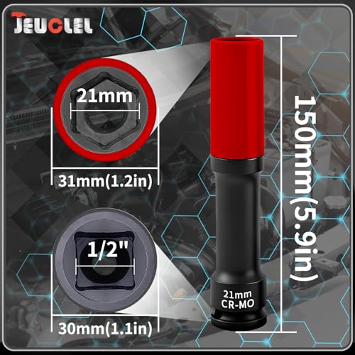 Image of 21mm 1 /2 inch Extra-Long Wheel Protector Impact Socket, Lug Nut Removal | 6 Point, Non-Marring, Thin Wall, Deep Socket, Wheel Protector, Protective Socket, Color-Coded, Cr-Mo Steel, Hand Repair Tool