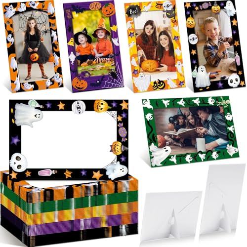 Image of AmazingSpark 50 Pack Halloween Ghost Picture Frame 4 x 6 Paper Photo Ornament Bulk Pumpkin Cardboard Photo Gifts for Halloween Friendsgiving Decorations Party Favor Supplies