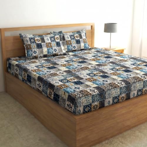 Image of Home Sizzler 210 TC Microfibre Geometric Tile Print Double Fitted Bedsheet (72X78 inch) with 2 King Size Pillow Covers