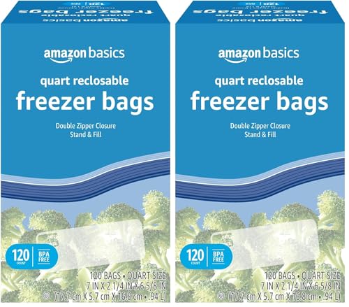 Image of Amazon Basics Freezer Quart Bags, 120 Count (Previously Solimo) (Pack of 2)