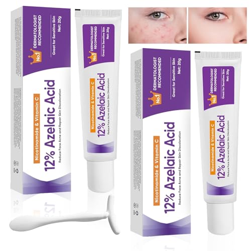 2 Stück 12% Azelaic Acid Serum, 20g Azelainsäure Gesichtsserum Azelaic Acid Serum,12% Face Serum Gegen Rötungen Hellt Pickelmale auf für Empfindliche Haut, mit 1 Massagestab Enthalten