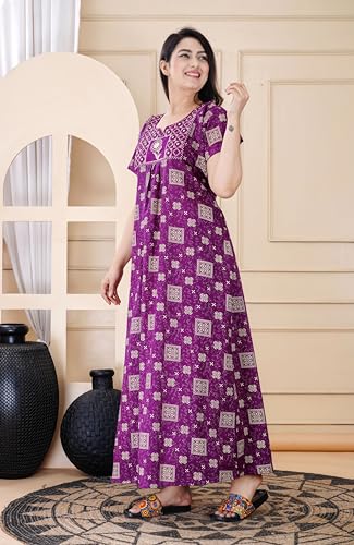 Image of DIAMO Pure Cotton Embroidery Nighty for Women, Night Gown for Woman, Cotton Nighty for Women, Maxi Night Gown Nighty with a Pocket and Adjustable Knot (Free Size)