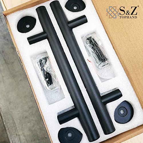 Image of S&Z TOPHAND 12 Inch Sliding Barn Door Handles Black Hardware, Set Black Powder Coated Finish Round Shape - Fit 1 3 /8-1 3 /4 inch Thickness Door Panel, Heavy Duty Solid Steel Gate (2, Black)