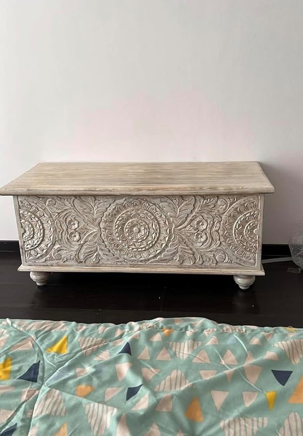 Image of GK International Solid Wooden Hand Carved Storage Trunk Chest | Decorative Wooden Storage Box with Lid for Living Room, Bedroom & Entryway | Rustic Blanket Chest, Coffee Table