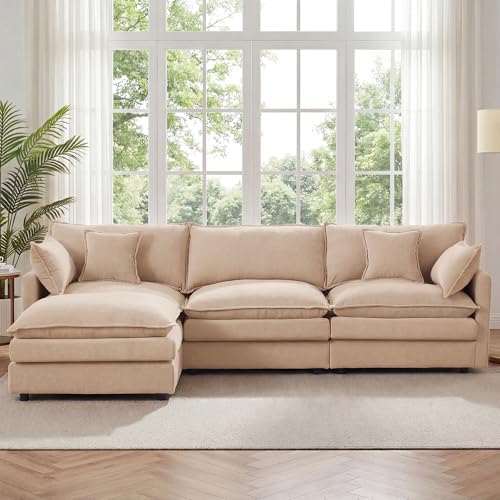 Image of 102 inch L Shaped Modular Sectional Sofa, Comfy Upholstery Chenille Cloud Couch with Ottoman, Modern 4-Seat Deep Seat Sofa with Pillow for Living Room, Bedroom, Apartment, Coffee Brown