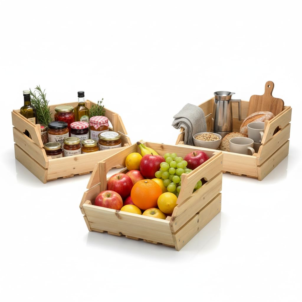 Melko Holzkiste Obstkiste 3 Stück 38x27x20 cm stapelbar Weinkiste Natur | Fichtenholz in Panel-Optik, schräge Öffnung zur leichten Entnahme, halbrunde Grifföffnungen, auch als Gemüsekiste und Deko