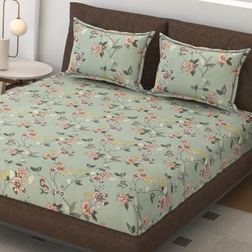 Image of SEJ by Nisha Gupta Bedsheet for Double Bed with Pillow Cover | 300 Tc Cotton Feel Microfibre Floral Printed Soft Bed Sheet & Wrinkle Free | Perfect for Home Decor | Size 230 X 240 Cm Green