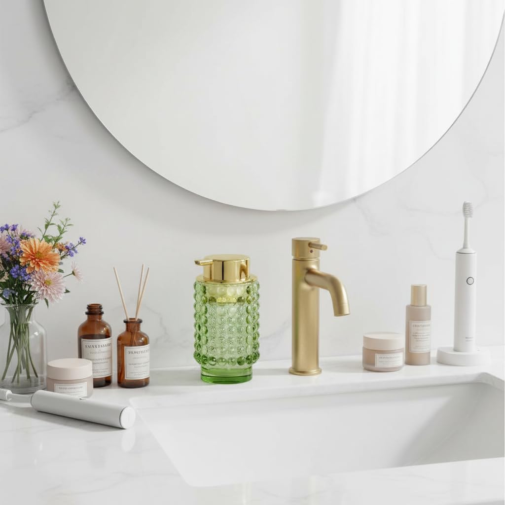 Schaumseifenspender aus Glas, grüner Schaum-Handseifenspender, 340 ml, große Flasche mit goldfarbener Pumpe, nachfüllbarer Lotion-Pumpbehälter für Badezimmer, Küche, Handseife, Spülseife