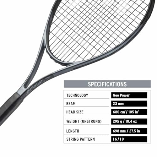 Image of HEAD Geo Speed Adult Tennis Racquet - Pre-Strung 27.5 Inch Extended Graphite Composite Tennis Racket with Geo Power Technology, 105 Sq in Head, Light Balance, Black /White (Grip Size - SC30)