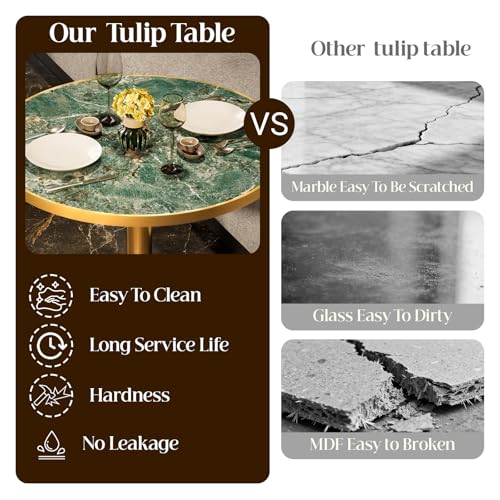 Image of 31.5 inchTulip Table, Sintered Stone Small Round Dining Tables&Metal Edge&Base | Small Modern Circle Dining Table for 2-4 Person ,Bistro Tables for Dining Room /Kitchen /Restaurants /Small Spaces /Verde Alpi