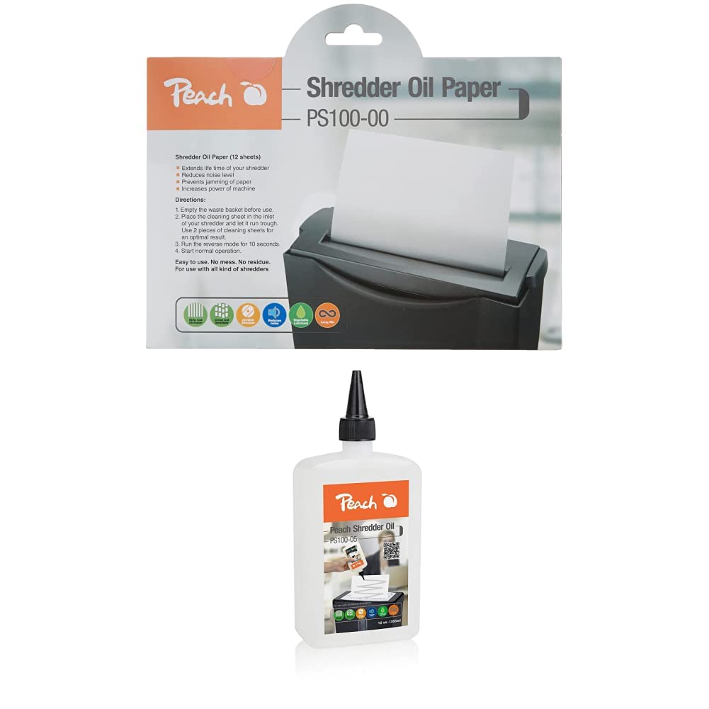 Peach PS100-00 Aktenvernichter Service Kit | 12 Ölpapiere | Aktenvernichterpflege + Aktenvernichter-Öl PS100-05 |Inhalt 355 ml | die Pflege für Ihren Aktenvernichter| für alle Aktenvernichter geeignet
